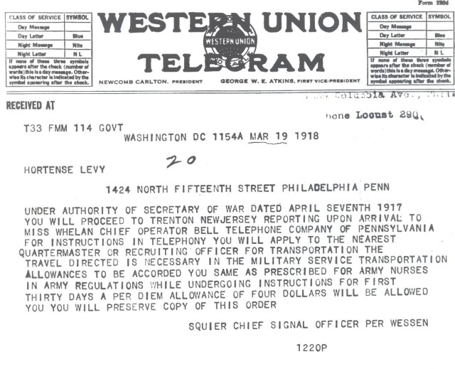 WWI Telegram Received by Hello Girls